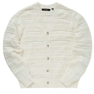 $196 Daily Paper Rajih Cotton All Over Logo Pointelle Knit Cardigan Mens L White